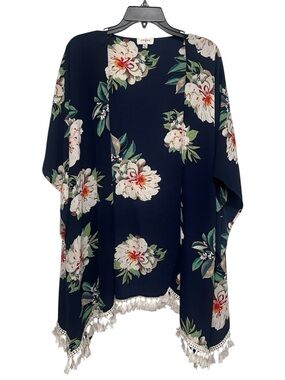 Umgee M/L Navy Floral Tassel Fringe Kimono Cardigan Boho